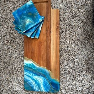Wooden Serving Board with Blue Resin Art
